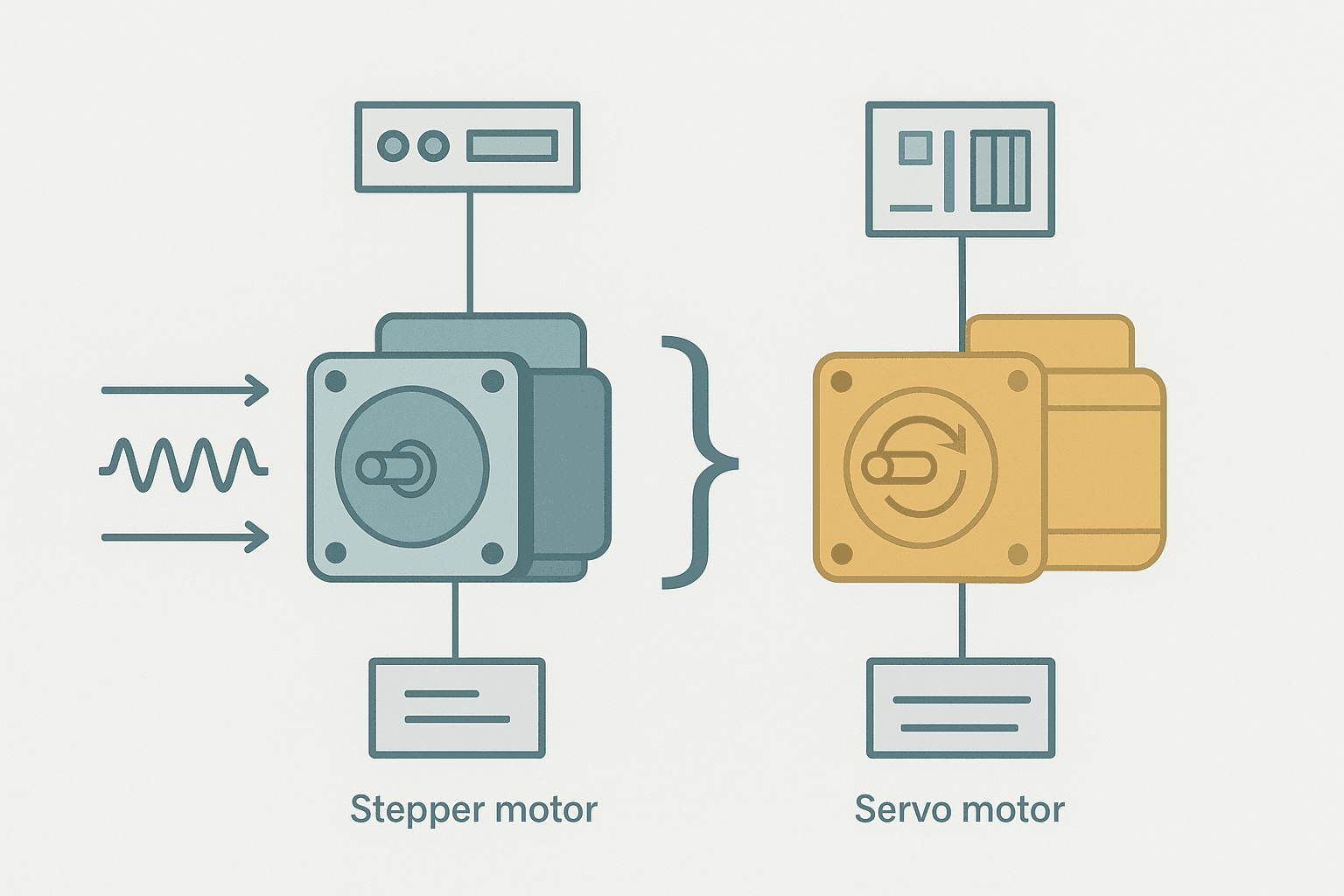 Stepper vs servo motor comparison diagram showing step-pulse and closed-loop encoder feedback