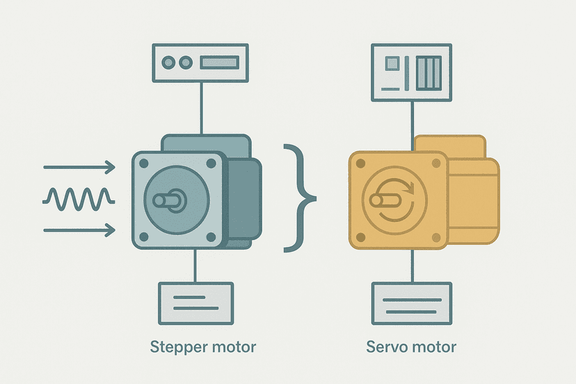 Stepper vs servo motor comparison diagram showing step-pulse and closed-loop encoder feedback