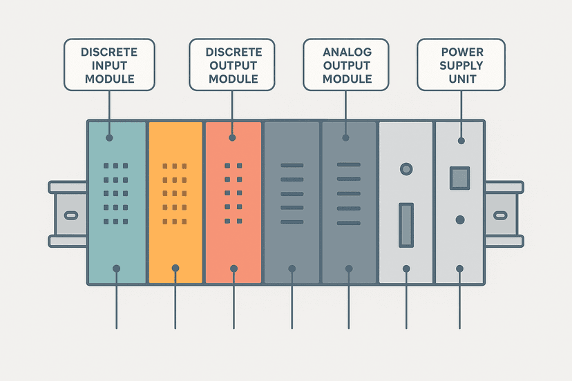 Diagram of PLC module types in a rack including discrete I/O, analog I/O, communications and specialty modules