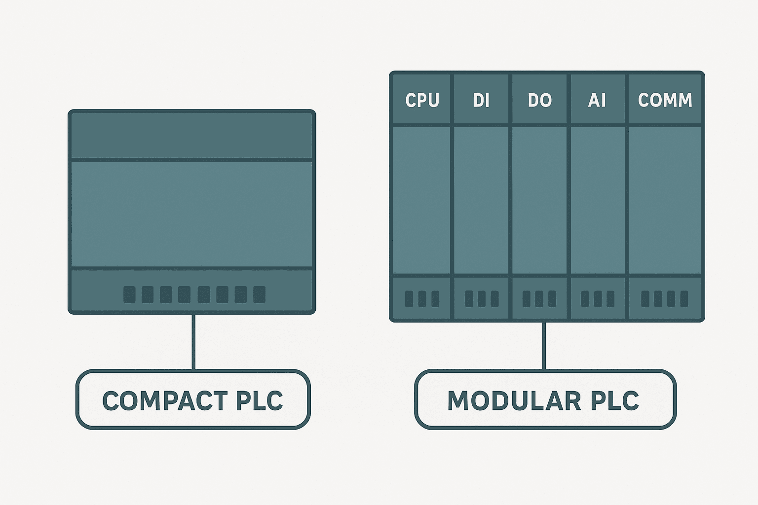 Comparison of fixed compact PLC versus modular PLC rack showing different module slot types