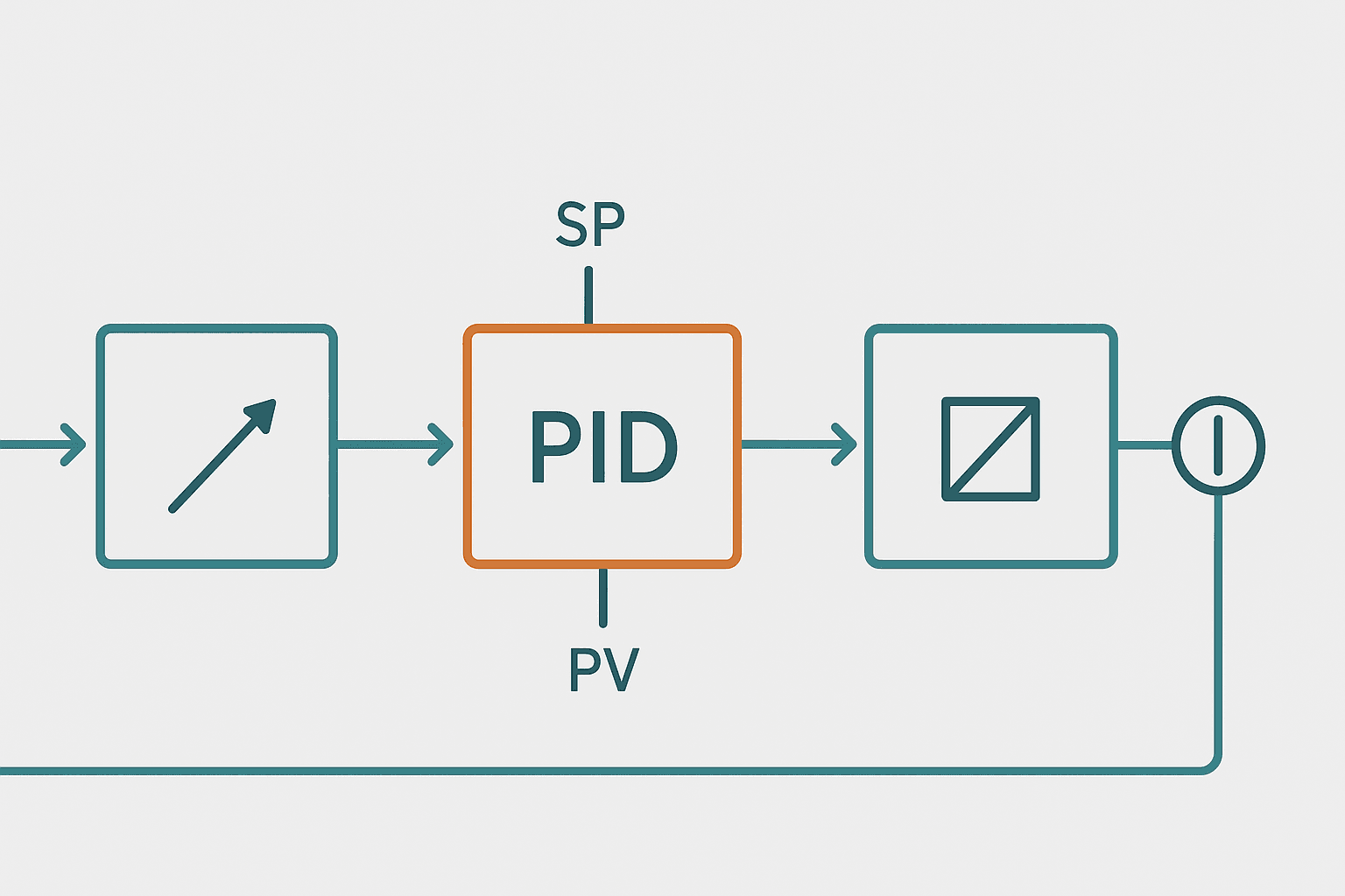 Function Block Diagram FBD showing analog scaling feeding PID controller in a PLC programming language example
