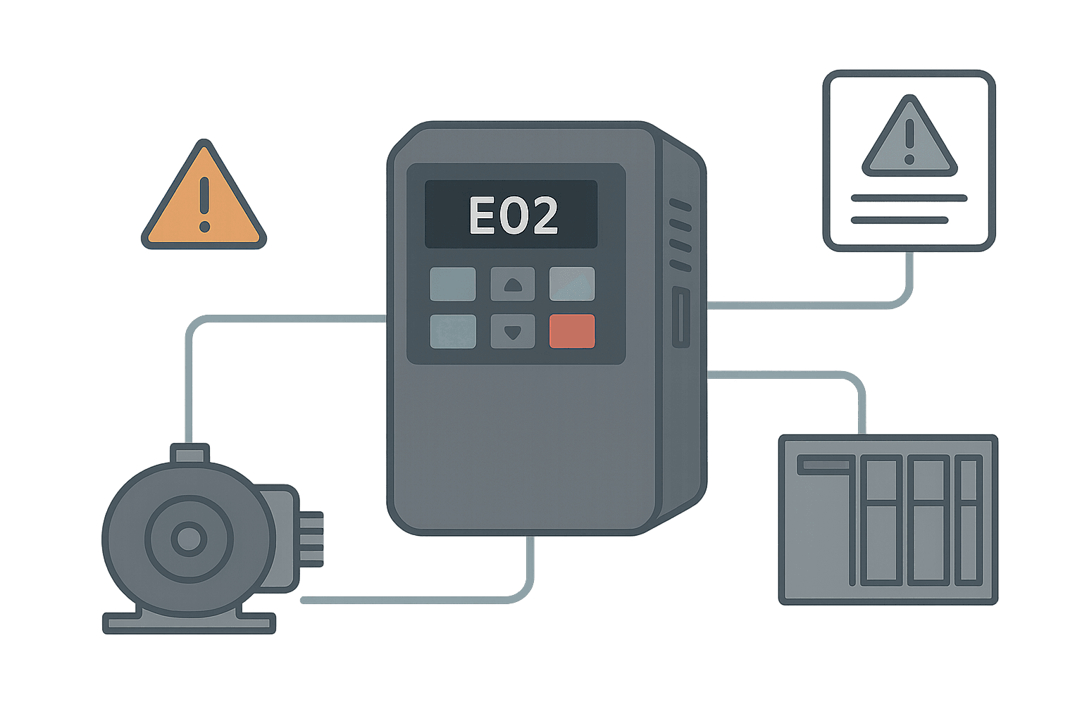 VFD drive fault codes troubleshooting diagram showing drive, motor and PLC connections