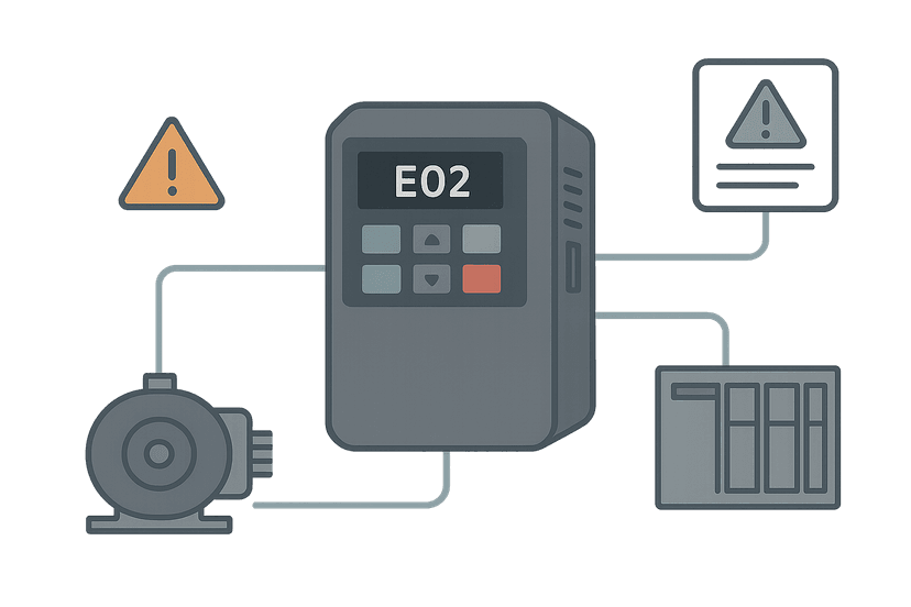 VFD drive fault codes troubleshooting diagram showing drive, motor and PLC connections