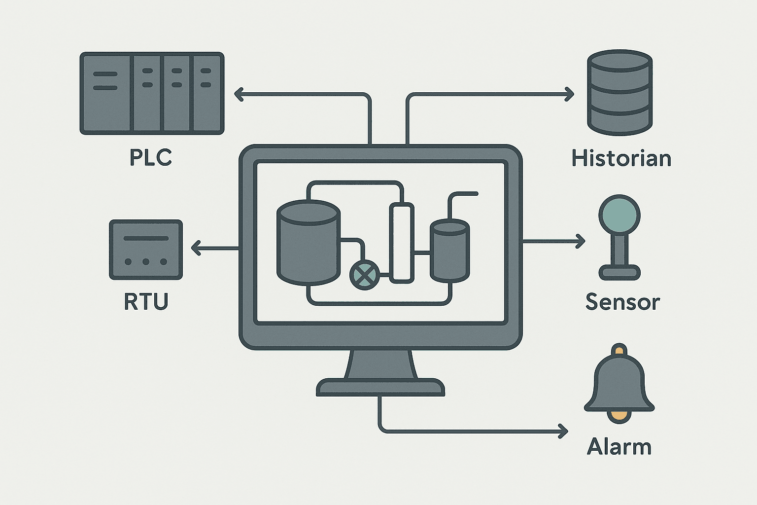 SCADA software architecture diagram showing dashboard, PLCs, RTUs and historian connections