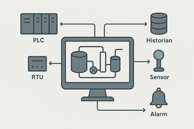 SCADA software architecture diagram showing dashboard, PLCs, RTUs and historian connections