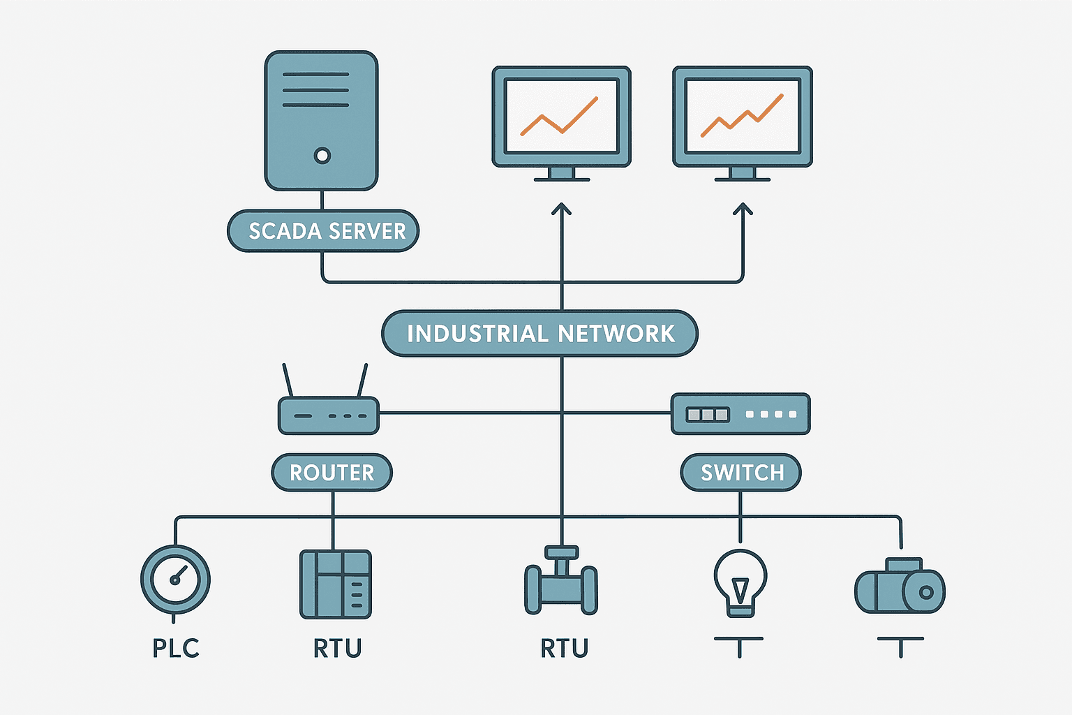 SCADA system architecture diagram showing PLCs, RTUs, network layer and SCADA server with HMI screens