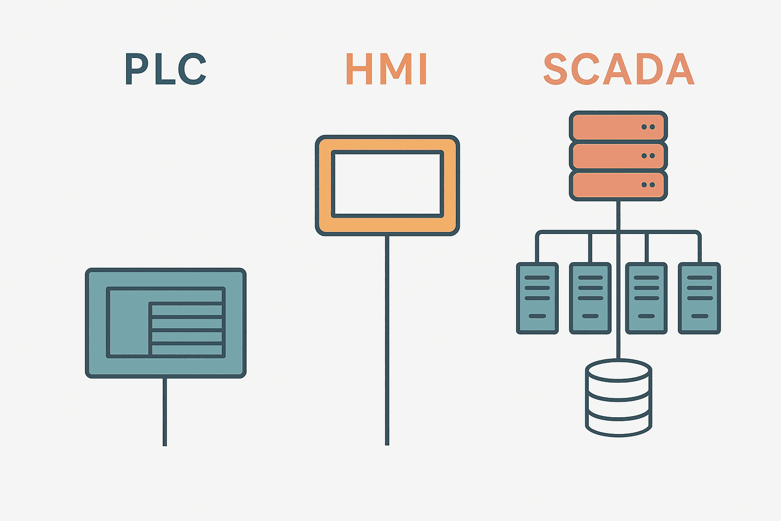 Comparison diagram showing PLC, HMI and SCADA system roles side by side